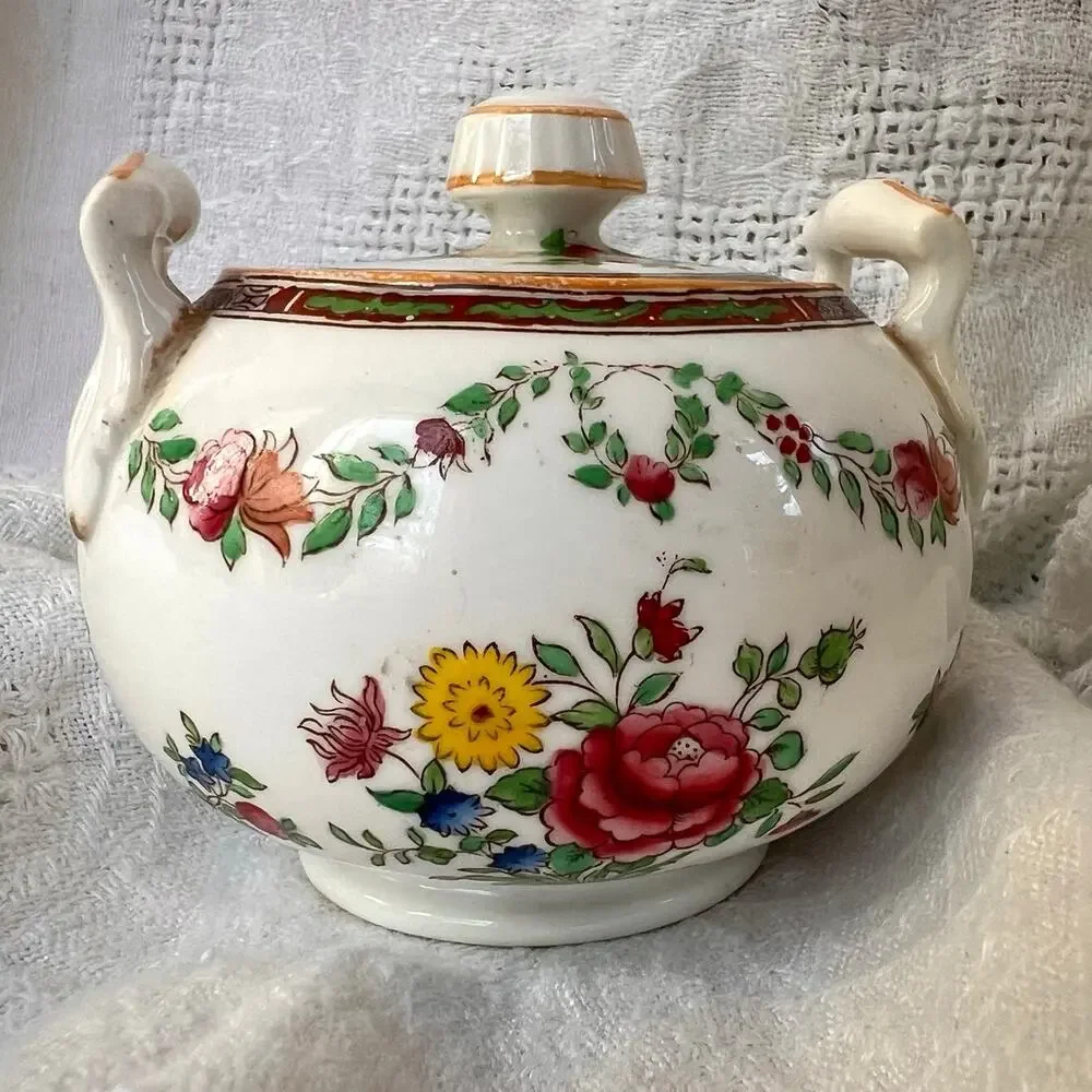 Antique Spode Copeland England Floral Sugar Bowl Porcelain Lidded Dish